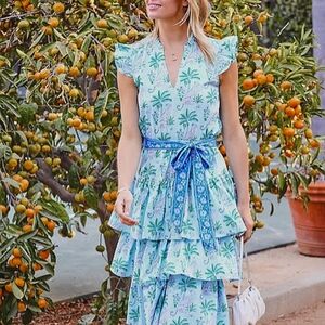 Printfresh At Ease Leopard Mirage Oasis Sky Tiered Ruffle Sleeve Midi Dress MD